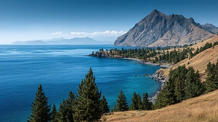 Naklejka premium Serene coastal scenery with a dramatic mountain backdrop.