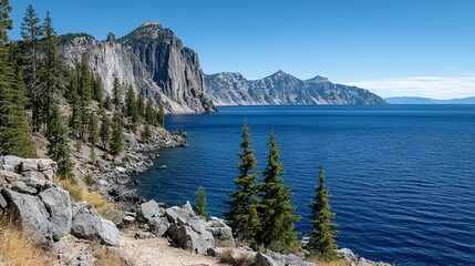 Obraz premium Scenic lake surrounded by towering mountains and pine trees.