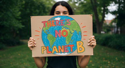 Young Woman Holding Colorful Earth Climate Change Protest Sign in Green Park