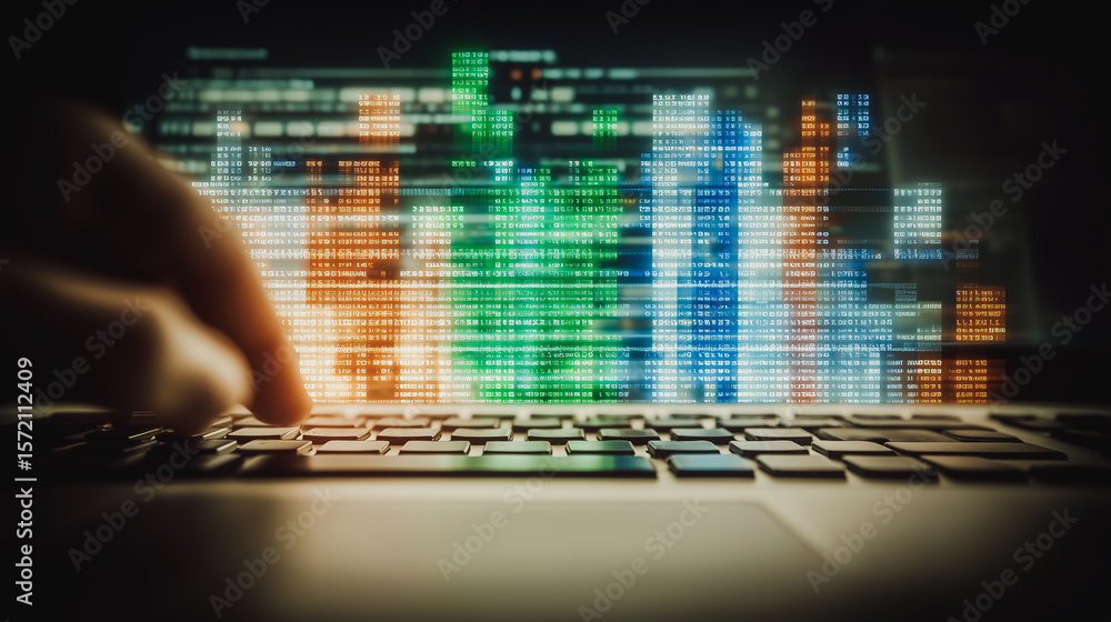Poster code explorer: a close-up perspective of fingers interacting with a laptop keyboard, with code displ