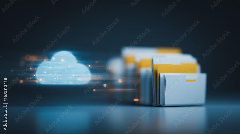 Poster cloud data storage: secure cloud storage concept with files transferring to the cloud, symbolizing d