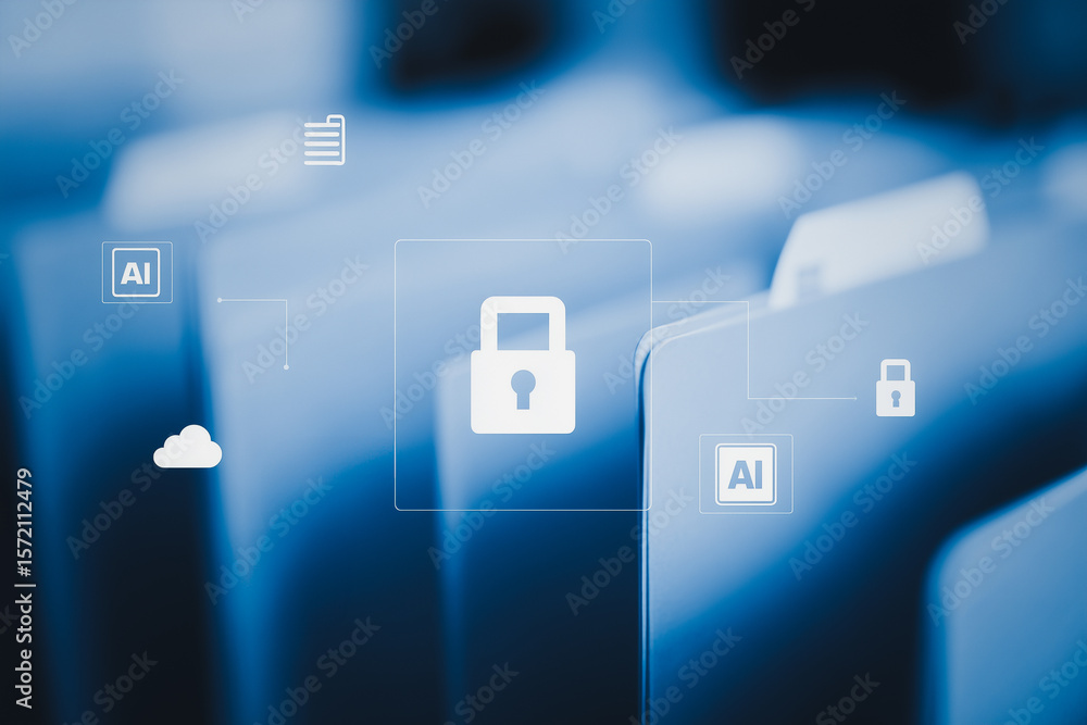Poster data security in digital fortress: a conceptual image illustrating digital data security, with files