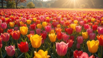 Vibrant Field of Colorful Tulips Under Bright Sunlight in a Spring Landscape