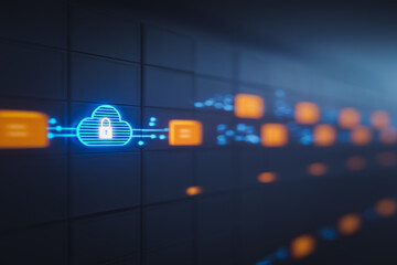 Secured Cloud Data: Illustrating the security and accessibility of digital data through a visual representation of a cloud, padlocked for protection, with connecting network pathways.