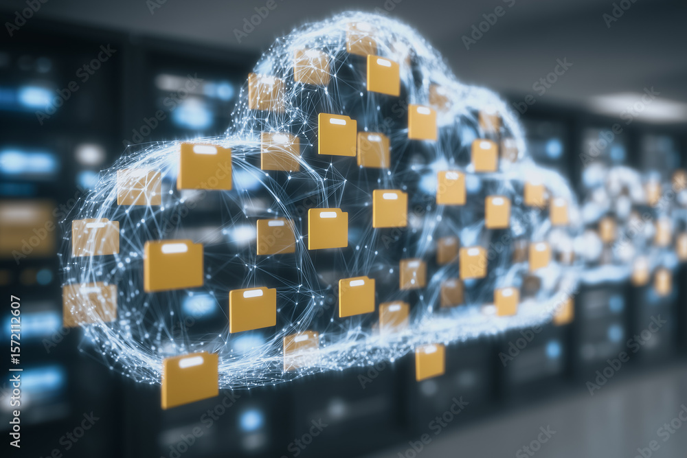 Poster digital cloud computing: a striking visualization of data storage and transfer, where digital folder
