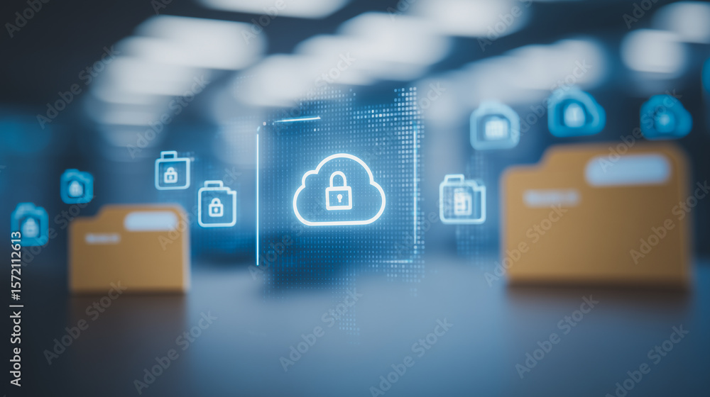 Poster secure digital storage: an illuminating depiction of cloud-based digital storage, emphasizing securi