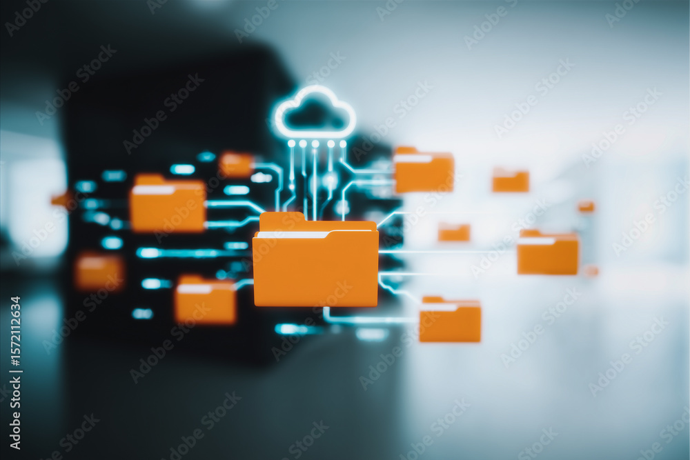Poster cloud-based data management: illustrative depiction of digital folders and cloud connectivity, highl