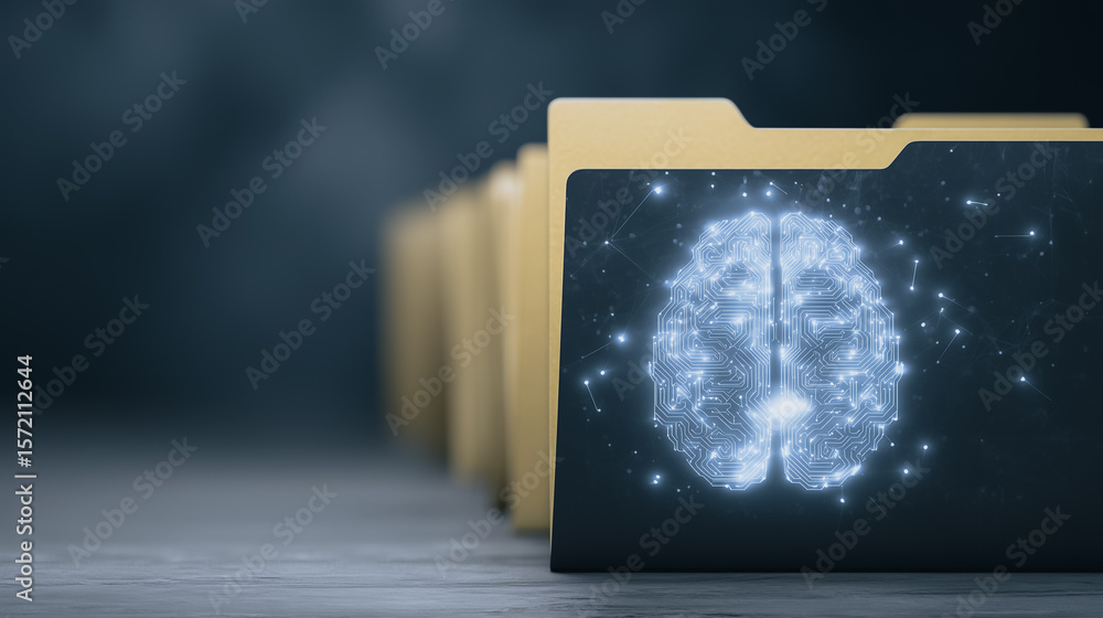 Poster knowledge repository: a close-up captures the innovative digital data with glowing brain on a file f
