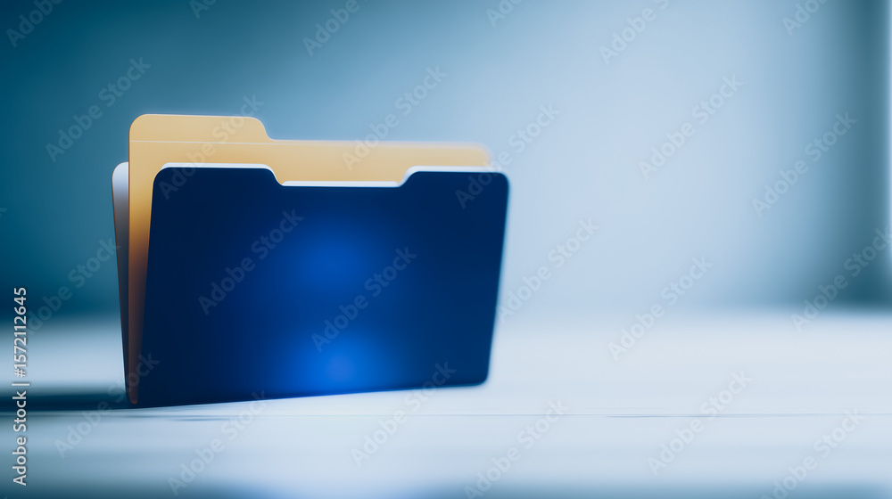 Poster data storage concept: a dark-blue folder icon with a glowing light inside, symbolizing secure data s