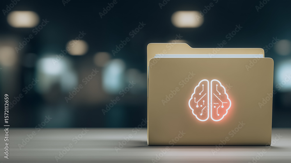 Poster brainpower data folder: a beige folder with a glowing brain icon symbolizes intellect and data stora