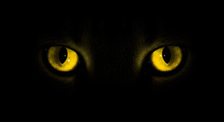 Close-up of Yellow Cat Eyes in Darkness with Intense Gaze