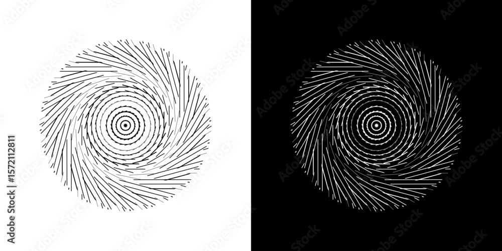 Aufkleber Abstract background with line pattern forming circle. Spiral art design as logo or icon. Black lines on white background and same white lines on black side. Mandala with line pattern.