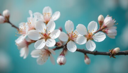 Serene Spring Blossom: Delicate White Flowers on a Turquoise Background