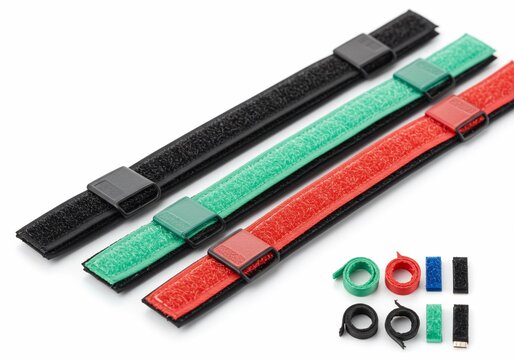 Colorful reusable hook and loop cable ties with plastic buckles on a white background