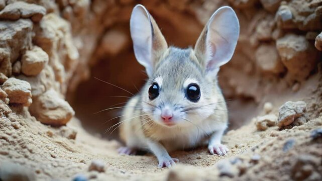 An engaging close-up of a jerboa, showcasing its distinctive big ears and wide eyes, as it cautiously emerges from its underground dwelling.