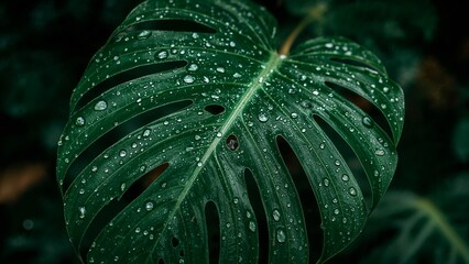 Fototapeta premium Reflections in Water Droplets on a Textured Monstera Leaf Surface