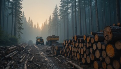 Misty Forest Logging Operation: Trucks and Timber at Sunrise