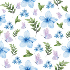 Obraz premium Seamless watercolor pattern with blue flowers, green leaves, and purple butterflies on white background. Ideal for spring designs, textile prints, wallpaper, and botanical art projects.