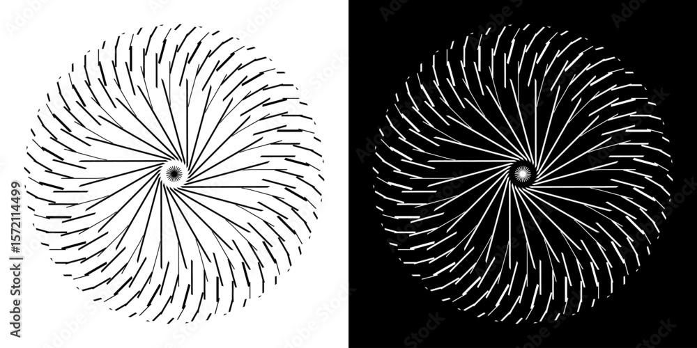 Aufkleber Abstract background with line pattern forming circle. Spiral art design as logo or icon. Black lines on white background and same white lines on black side. Mandala with line pattern.