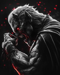 A snarling demonic beast with pointed ears and glowing red eyes howls in rage, its muscular form and sharp claws lit by a fiery glow in a dark fantasy world filled with chaos and embers.