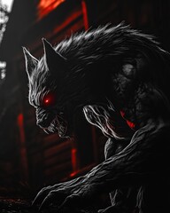 A terrifying werewolf with glowing red eyes snarls in a crouched position under a crimson light near a dark cabin, muscles tensed and claws ready in a high-intensity horror fantasy setting.