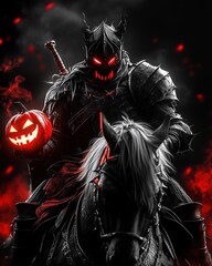 Dark armored rider with glowing red eyes and menacing helmet holds a fiery jack-o'-lantern while riding a black horse through smoky red mist in a dramatic Halloween fantasy scene.