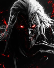 A terrifying demonic face with glowing red eyes and deep facial cracks emerges from the darkness, framed by wild white hair, with a sinister snarl and claws reaching forward in dramatic lighting.