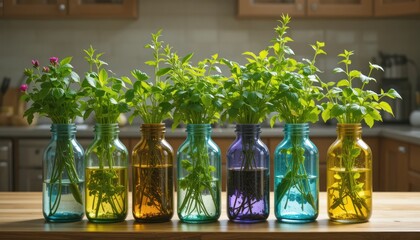 Vibrant Herb Collection in Colorful Glass Jars