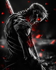 A menacing skeletal warrior with glowing red eyes and a massive sword embedded in its back stands in a dark battlefield, surrounded by embers and crimson sparks in a nightmarish fantasy scene.