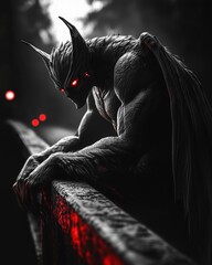 A demonic bat-winged humanoid creature leans broodingly over a bridge railing at night, with glowing red eyes and a powerful muscular form lit by mysterious red lights in the background.
