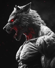Powerful black and white digital art of a fearsome werewolf with glowing red eyes and a bared fanged snarl, showcasing immense muscularity and a primal, aggressive presence.