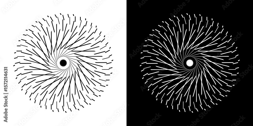 Aufkleber Abstract background with line pattern forming circle. Spiral art design as logo or icon. Black lines on white background and same white lines on black side. Mandala with line pattern.
