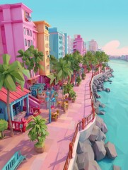 A vibrant low-poly cityscape showcasing a lively waterfront promenade with colorful buildings in pink, yellow, and blue, palm trees, and people strolling along the Guayas River under a clear sky.