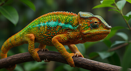 Colorful Chameleon Perched on Branch in Natural Green Environment
