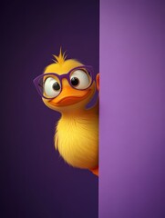 Cute 3D cartoon duckling with trendy purple glasses, playfully peeking from behind a vibrant purple background, its large expressive eyes showing happiness and a touch of shyness, a cheerful character