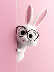 Whimsical 3D cartoon rabbit wearing oversized black glasses, playfully peeking out from behind a bright pink background with its tongue slightly out, a charming and expressive character design.