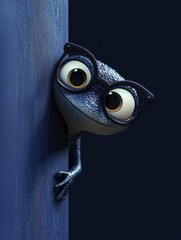 Playful 3D cartoon blue lizard with stylish black glasses, peeking from behind a dark blue background, its large expressive eyes showing curiosity and a hint of mischief, a fun character design.