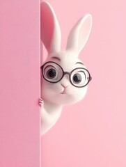Adorable 3D cartoon rabbit in classic black glasses peeking playfully from behind a soft pink wall, a charming and cute character with large expressive eyes and fluffy white fur, perfect for children'