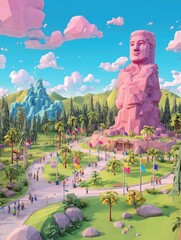 A vibrant low-poly landscape featuring a colossal pink statue reminiscent of ancient figures, surrounded by lush green valleys, tall pine trees, palm trees, and a bustling pathway
