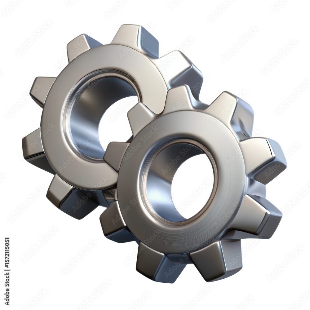 Poster two metallic gears interlocking together isolated on transparent background