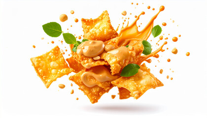 "Floating Batagor Pieces with Peanut Sauce Splash and Crispy Fried Skins, Capturing Street-Style Indonesian Delight"