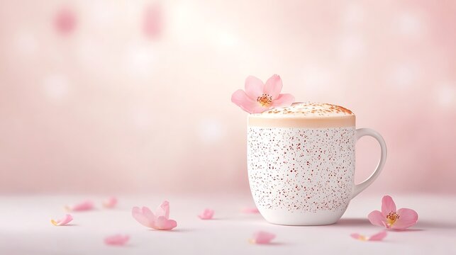 Delicate Pink Flower Latte with Scattered Petals
