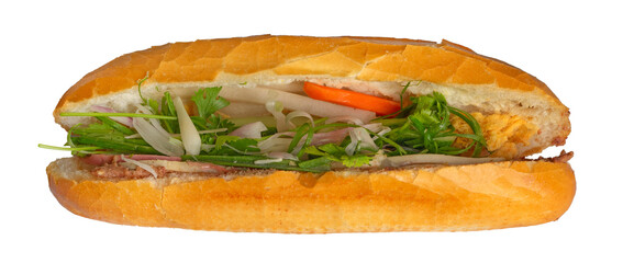 Close up of a banh mi sandwich with meat. Banh mi thit nuong or a vietnamese barbecue pork...