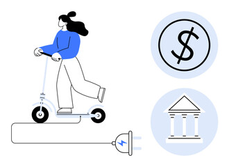Woman riding an electric scooter connected to a power plug, alongside dollar and bank symbols. Ideal for mobility, finance, sustainability, green energy, cost-saving, innovation, modern lifestyle