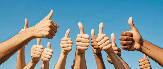 Creative illustration of many thumbs-up under a blue sky, showing a positive attitude