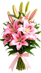Fototapeta premium Pink Lily Bouquet with Green Leaves and Buds, isolated on transparent background