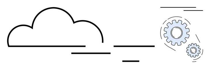 Cloud outline with interconnected gears and dynamic lines evoking data flow, technology, and innovation. Ideal for IT, networking, automation, cloud storage, system integration, digital strategy