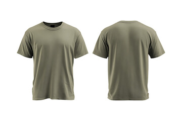 Front and back view of a plain olive green short sleeve t shirt with a crew neck isolated on transparent background