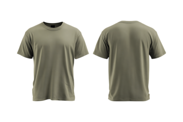 Front and back view of a plain olive green short sleeve t shirt with a crew neck isolated on transparent background