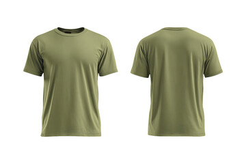 Front and back view of a plain olive green short sleeved t shirt made of soft fabric isolated on transparent background
